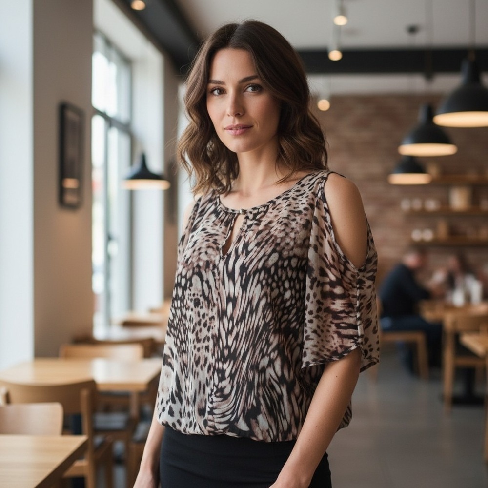 JLO Blouse Women's Size Large Top Animal Print Sheer Built In Black Tank EUC